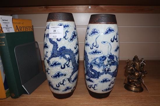 A pair of Chinese crackleglaze blue and white vases c.1900 height 26cm